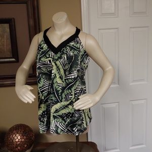 Green and Black Leaf Print Tankini Top